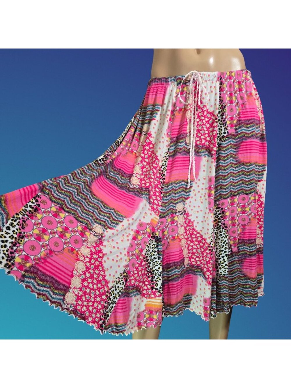 Y2K Pink Patchwork Print Midi Swing Skirt With Pockets size L Drawstring Waist